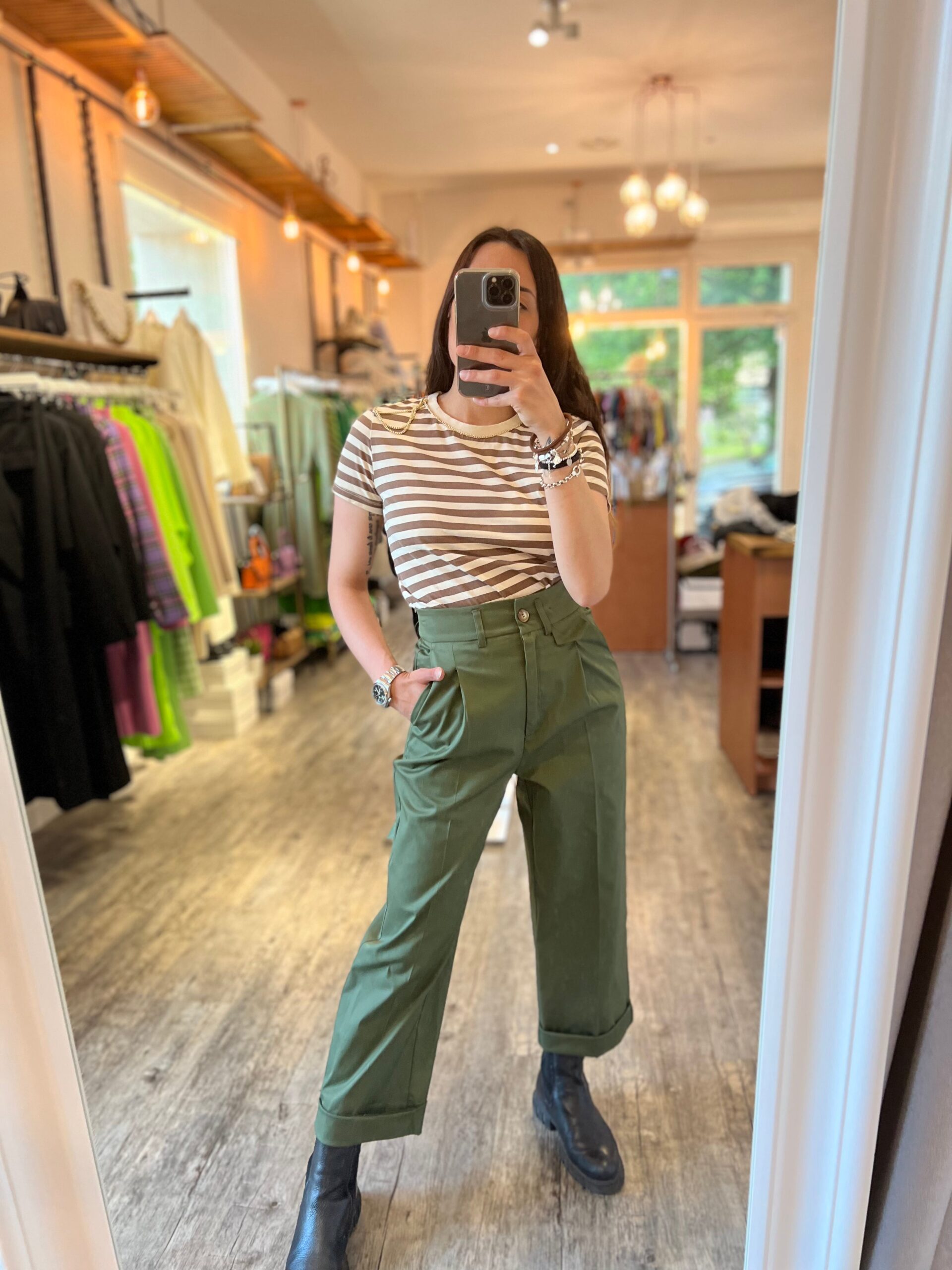Pantaloni Donna Casual HVEPUO - Vita Alta Elastica Con Coulisse, Gamba Dritta, Cotone E Stretch, Verde Mimetico, Taglia M